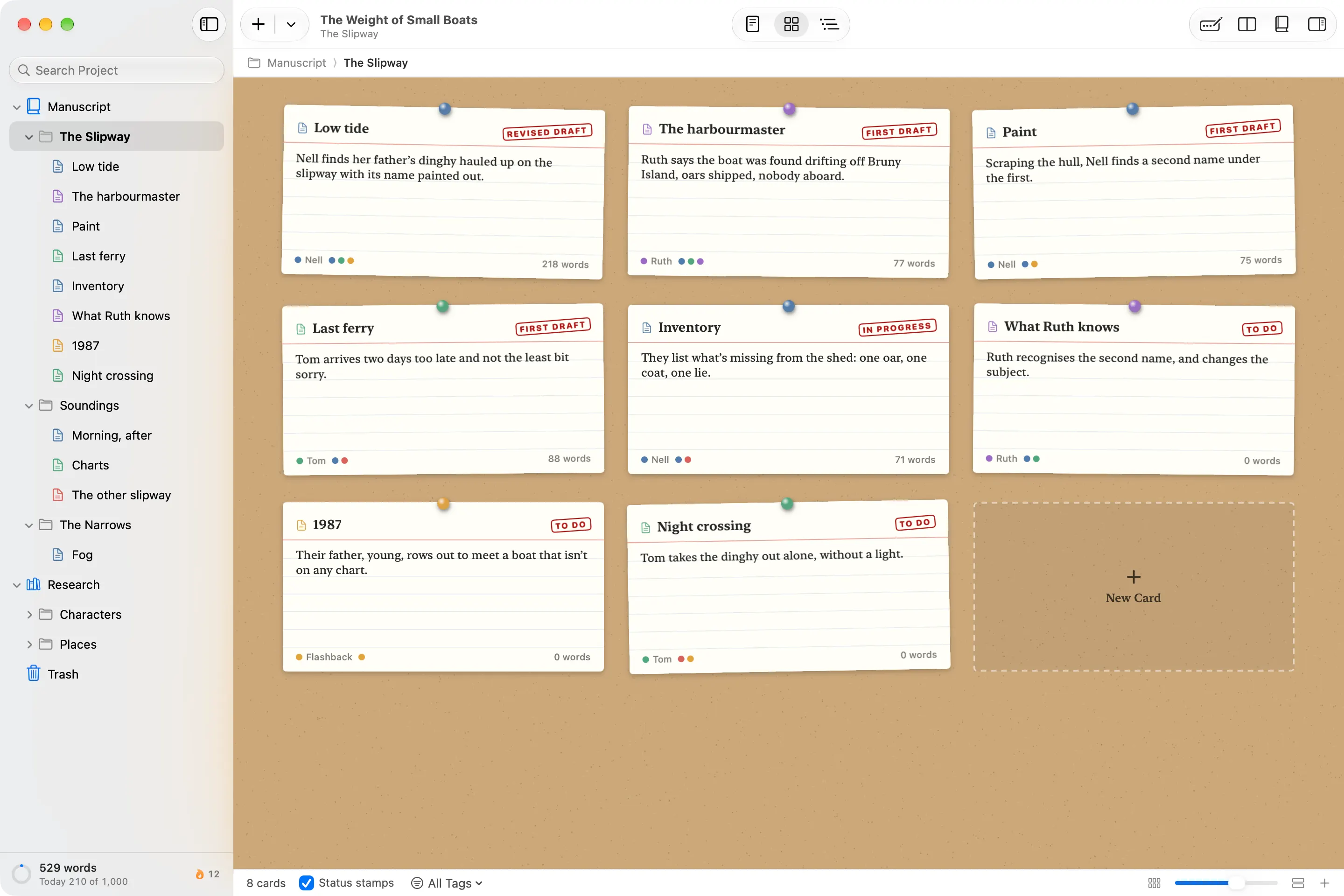 Wryte’s Cards view: the scenes of a chapter as index cards pinned to cork, with the chapters and scenes listed down the left.