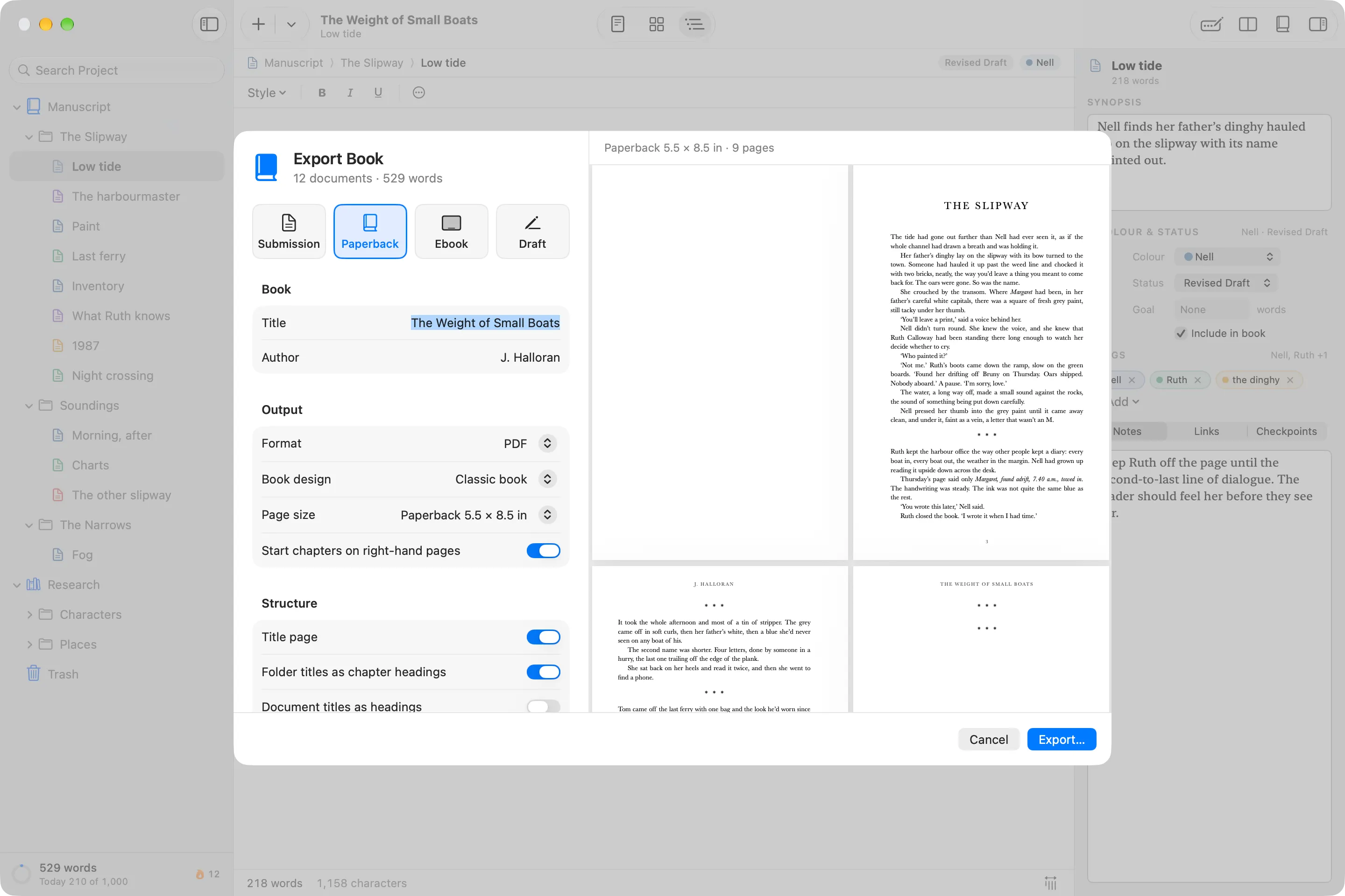 Wryte’s Export sheet with the Paperback choice selected and a live preview of the book’s pages.