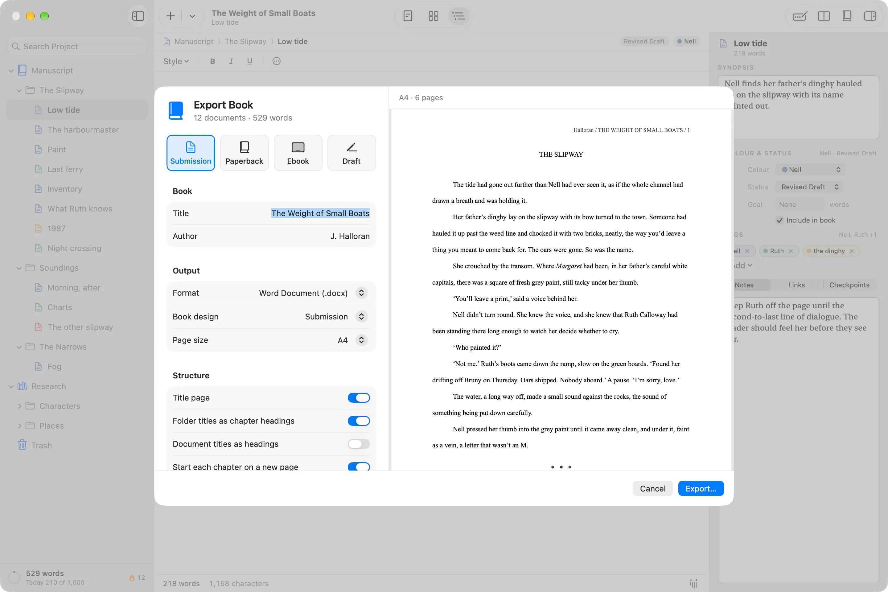 Wryte’s Export sheet with the Submission choice selected, previewing the manuscript in standard format.