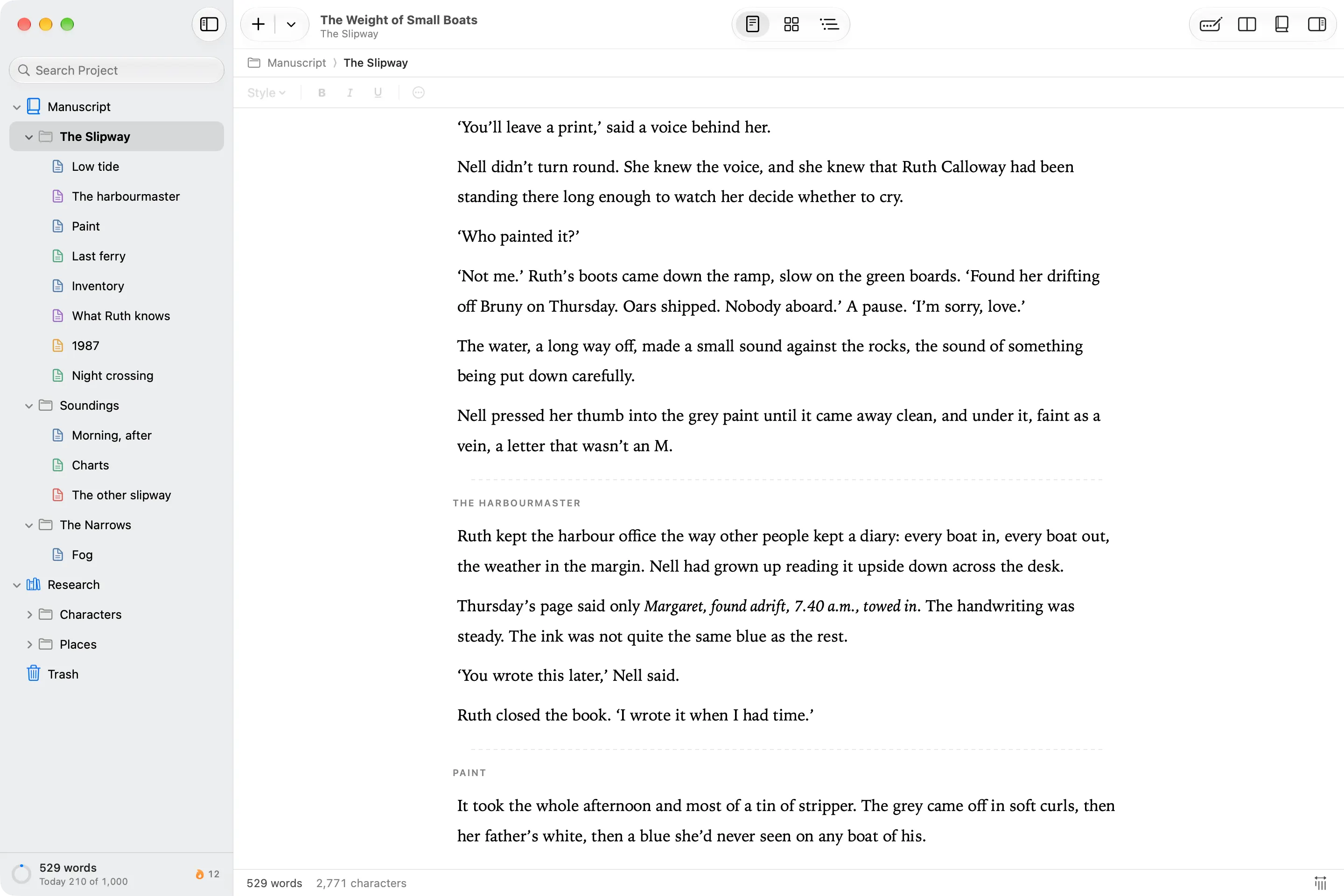 Wryte’s Read Through view: the chapter ‘The Slipway’ as one continuous text, the scene ‘Low tide’ flowing into the next.